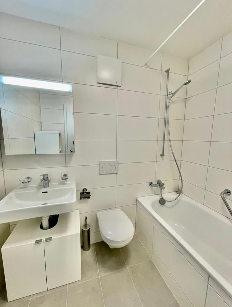 Bathroom: white tiled walls, bathtub, white sink, toilet, silver faucet, mirror, shower head and hose