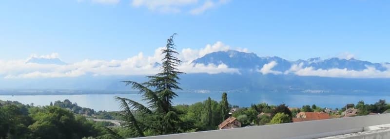 Overlook of mountain range, lake, and town, with green trees and clear sky
