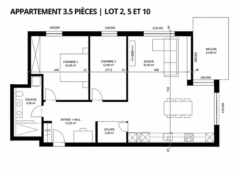 Plan 3,5 pièces - lots n°2 ,5, 10