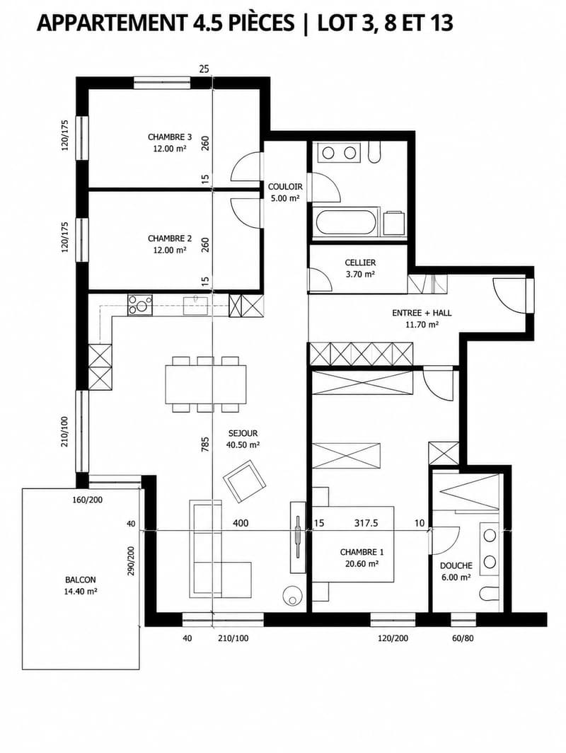 Plan 4,5 pièces - lots n°3 , 8, 13