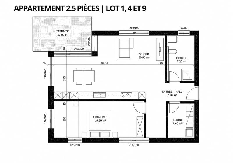 Plan 2,5 pièces - lots n°1, 4, 9