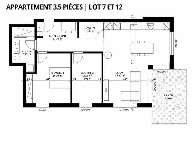 Plan 3,5 pièces - lots n°7, 12