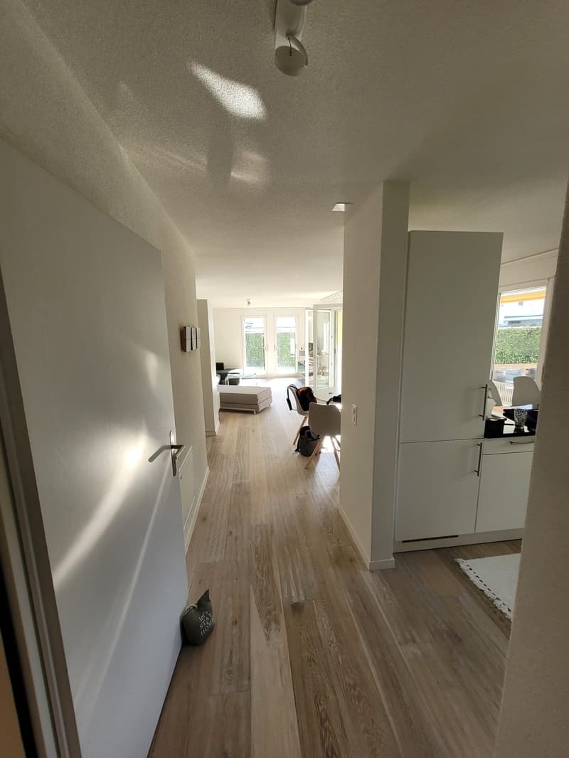 wooden floor, white walls, open door, hallway, white cabinets, white door, white rug, balcony