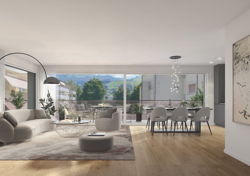 Open living room and dining area with sliding doors, balcony with a view, large windows, wooden floors, beige couch, modern furniture, plants, chandelier