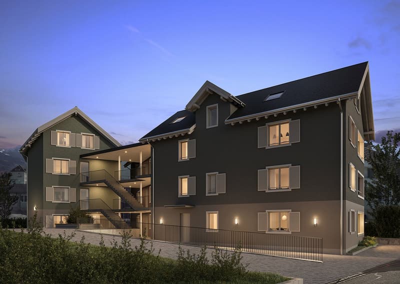 2 story apartment building with stairs and balconies, modern exterior, gray walls, large windows