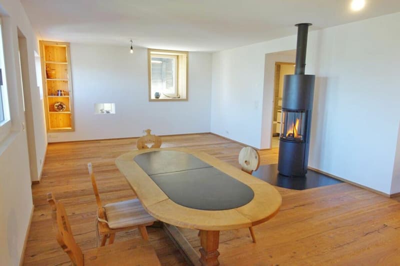 Das Wohnzimmer mit Schwedenofen und Essecke