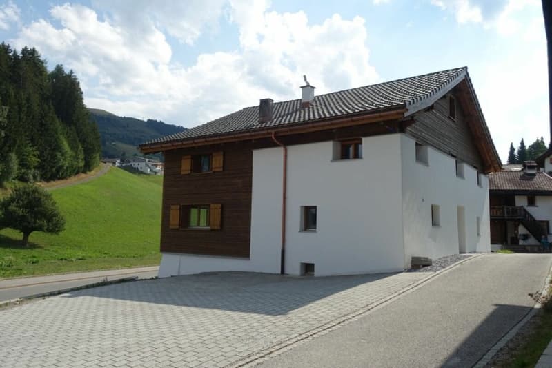 Der Aussensitzplatz und die Parkplätze der 7½-Zimmer-Wohnung im Haupthaus