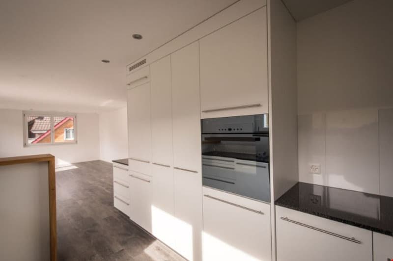 Küche mit Blick ins Wohnzimmer