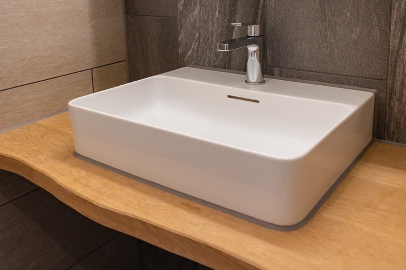white square sink, chrome faucet, wooden countertop, tiled backsplash