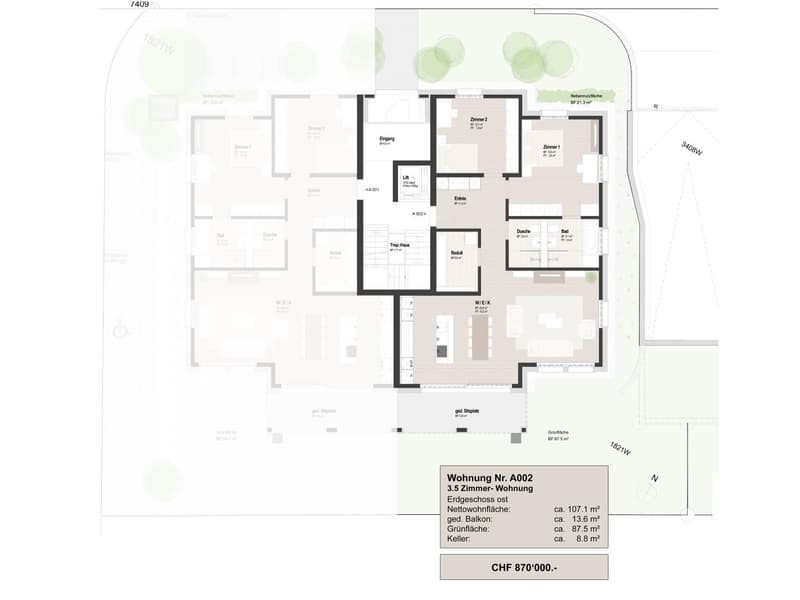 Grundriss 3.5-Zi. Gartenwohnung