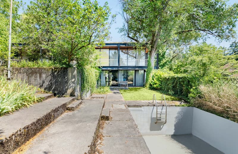 Modern glass-fronted house with white walls, metal railings, surrounded by trees and plants, a concrete walkway, and a swimming pool with a ladder.