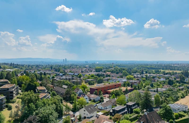 Cityscape with residential buildings, commercial buildings, trees, and a wide landscape with mountains in the distance.