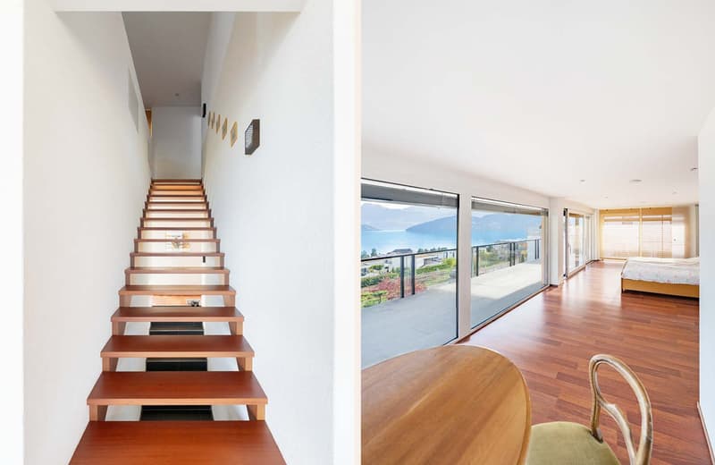 Wooden stairs, modern room with large windows, wooden floor, outdoor balcony with railing, ocean view
