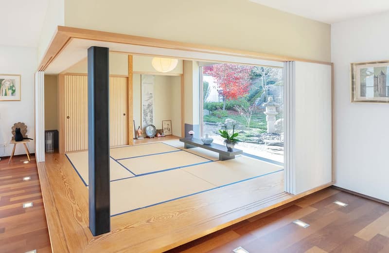 minimalist interior, tatami floor, sliding doors, floor to ceiling windows, bench, plant