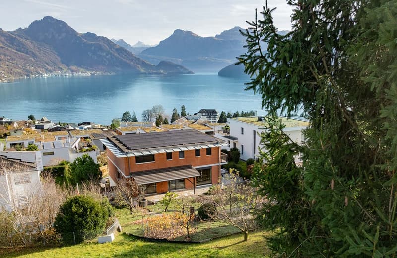 modern design house, overlooking a lake and mountains, brown brick and glass windows, large windows