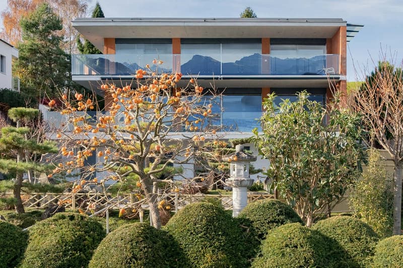 Modern 2 story house, large glass windows, balcony, Japanese garden, trees