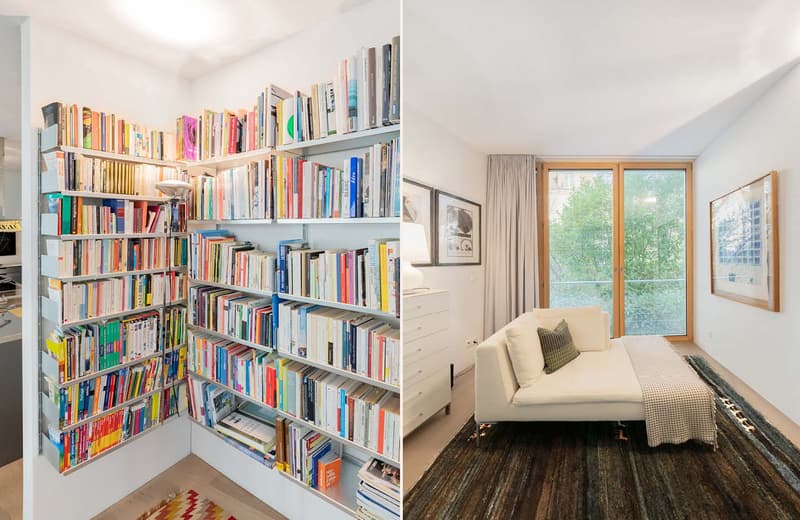 Large corner bookshelf, comfortable sofa, wooden flooring, white walls, large window with curtains, modern decor