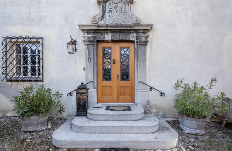 The image shows the entrance to a building with a decorative stone facade. The entrance has a set of double wooden doors with intricate metal designs. There is a stone staircase leading up to the entrance, and potted plants on either side. A lantern is mo