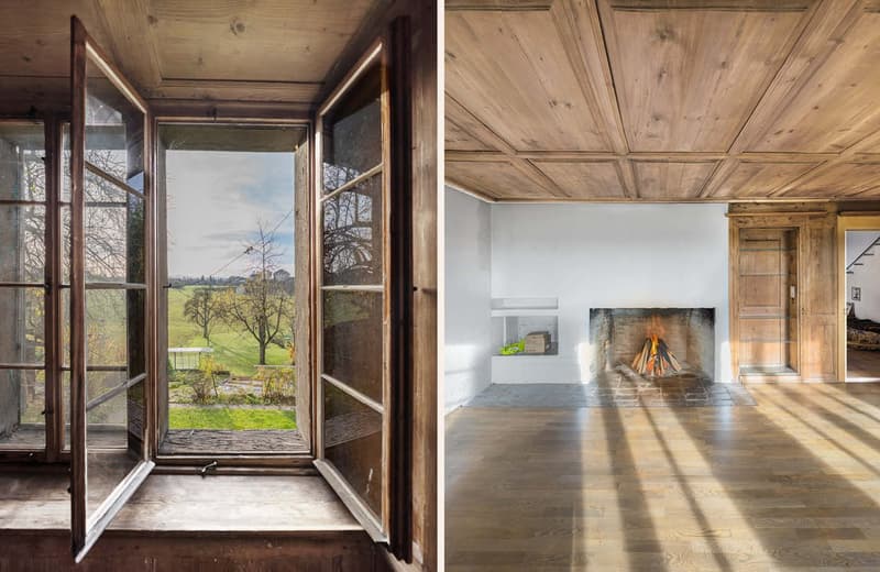 Opened window, wood floor, fireplace, wooden ceiling