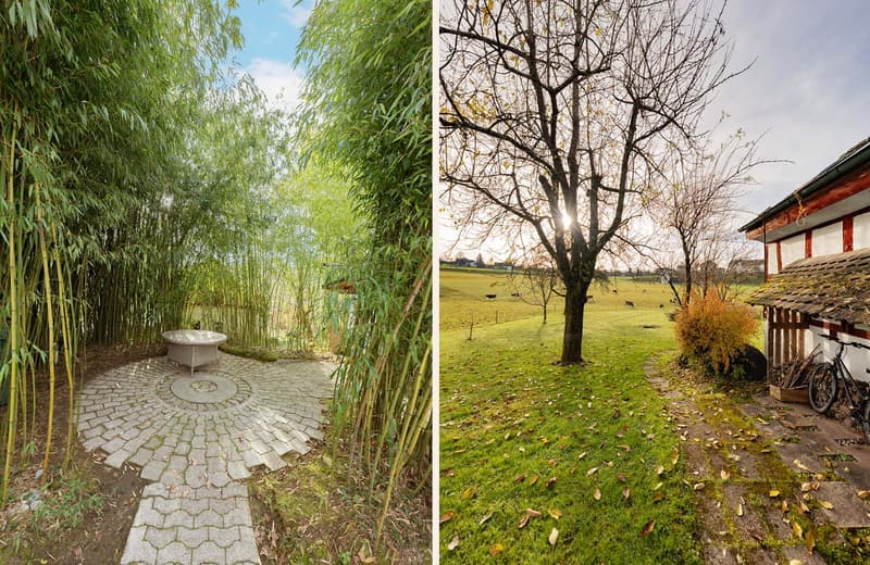 Pebble pathway, stone circle, white garden table, green bamboo fence, rural garden