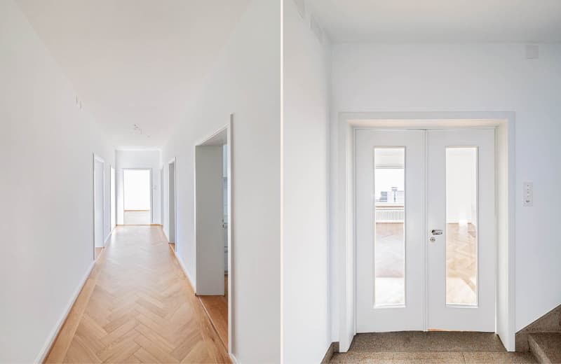 corridor, hallway, entrance door, wooden floor