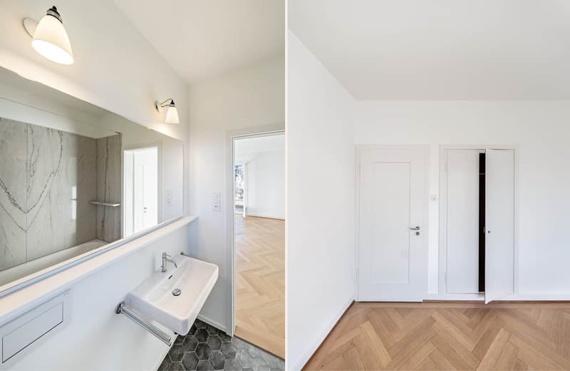 Modern bathroom with a sink, mirror, and shower area; Wooden floor