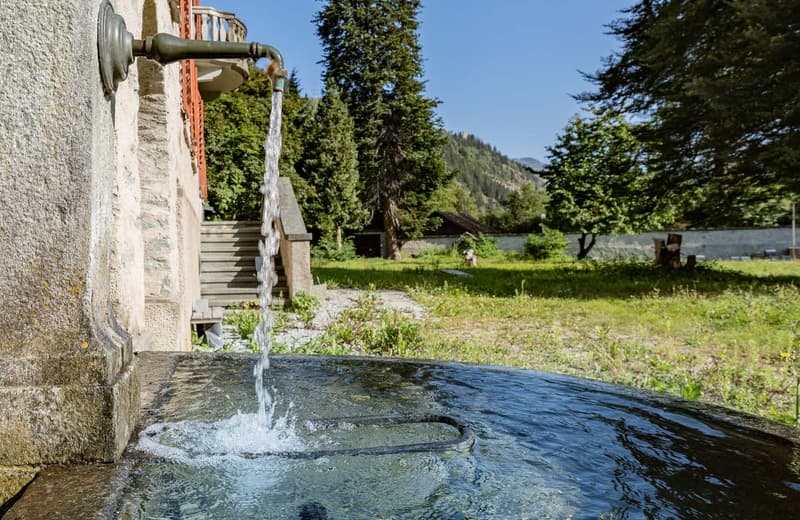 Outdoor fountain with flowing water, surrounded by lush greenery and trees, with a wooden staircase leading up to a building or structure in the background.