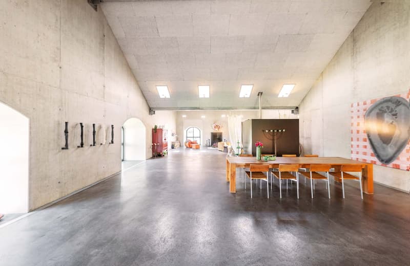 Large open space with concrete walls and ceiling, wooden dining table with chairs, fireplace, and various decorative elements throughout the room