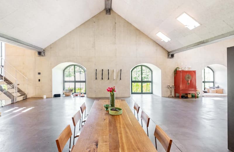 Large open-concept living and dining area with high ceilings, exposed wooden beams, and arched windows overlooking the outdoors. The space features a long wooden dining table with chairs, a red vintage cabinet, and a fireplace on the wall. The room has a
