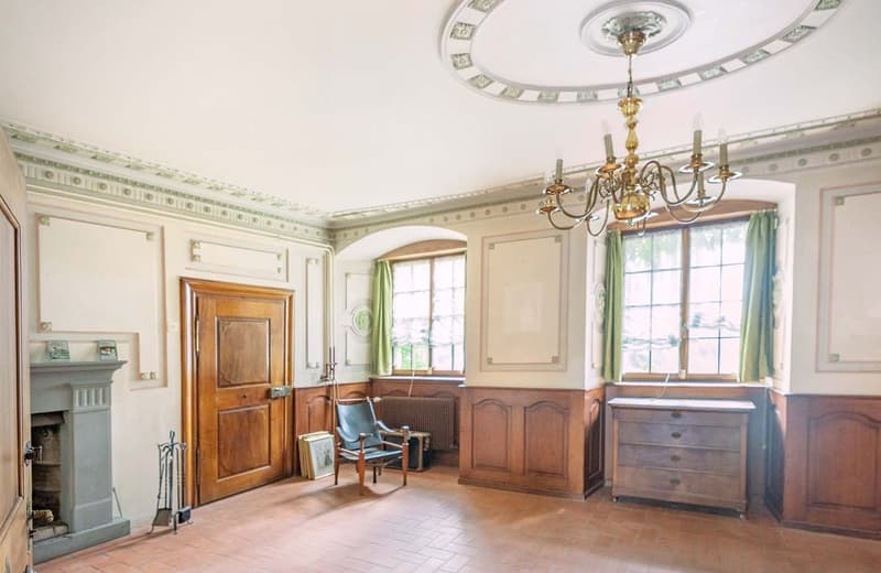 Large room with wooden paneling, ornate fireplace, chandelier, wooden floor, radiator, and a wooden chair.