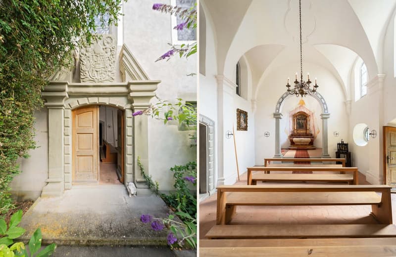 Renovated old house with wooden door, decorative front, arched doorway, and plants; interior chapel with wooden benches, chandelier, and arched ceilings