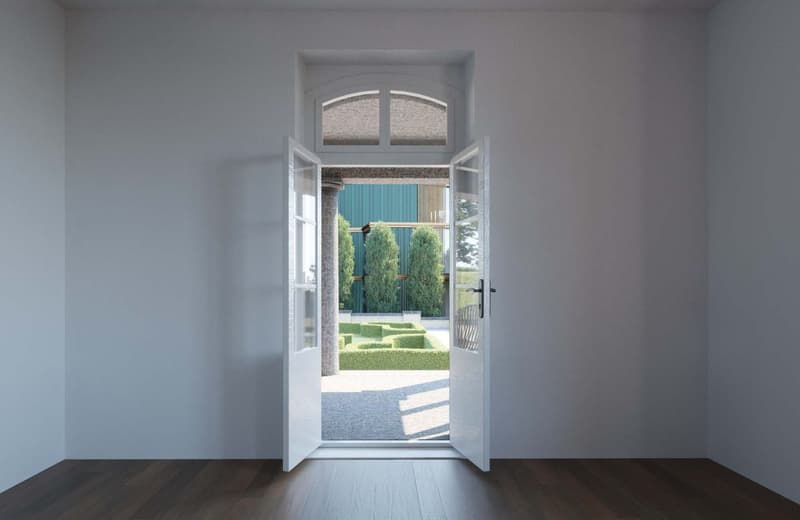 empty room, hardwood floor, white walls, arched window, garden view