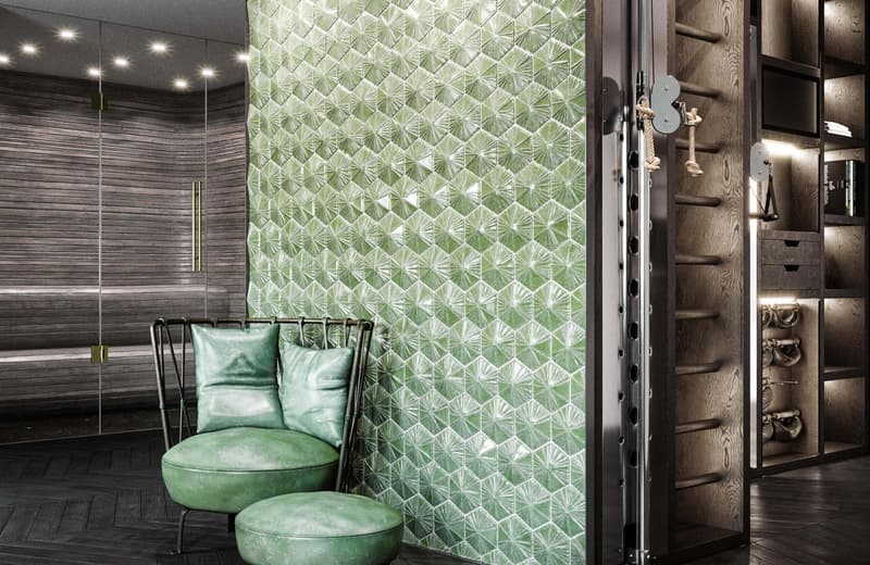green leather sofa and chairs, hexagon tile wall, wooden floor, wardrobe