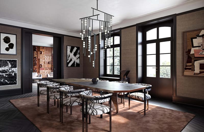 dining table, modern chair, decorative art, large chandelier, carpet
