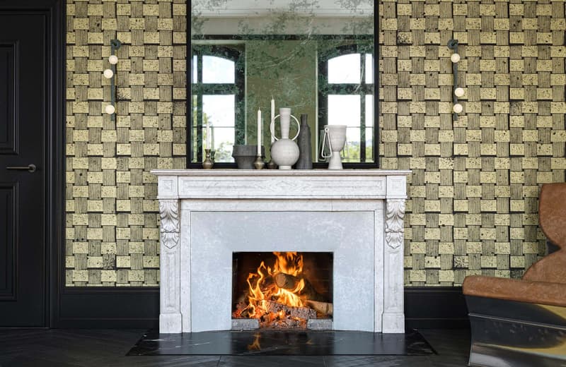 white fireplace, black wall, wooden decor, large mirror