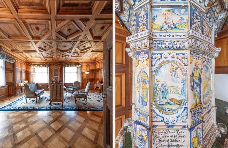 wooden ceiling, wooden floor, wooden walls, large windows, decorative rug, chairs, table, lamp, mirror