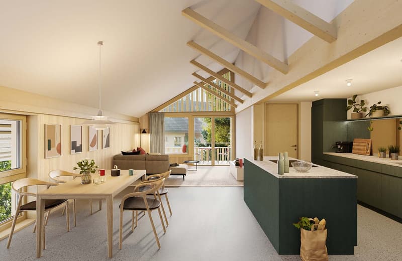 The image shows an open-plan living area with a dining table, living room seating, and a kitchen. The space features high ceilings with exposed wooden beams, large windows that provide natural light and access to a balcony or terrace. The decor is modern