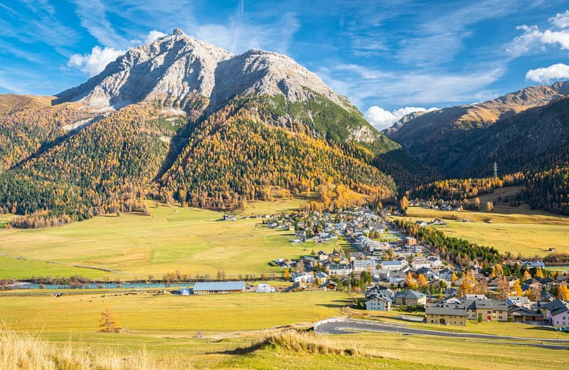 Mountainous landscape with alpine village and green meadow