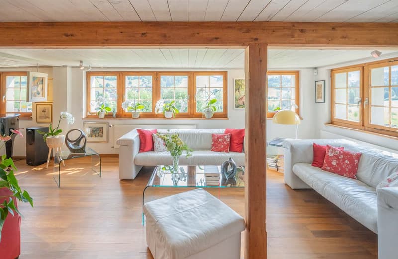 Large living room, hardwood floors, white leather couches, glass center table, coffee table, artwork, lamps, plants, radiators, and windows