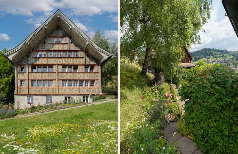 Traditional wooden house with intricate facade, surrounded by well-maintained garden with colorful flowers and herbs, set in a scenic rural environment