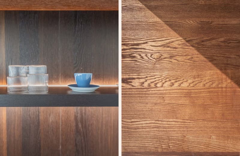 wooden shelf, cups, saucer, sunlight reflection