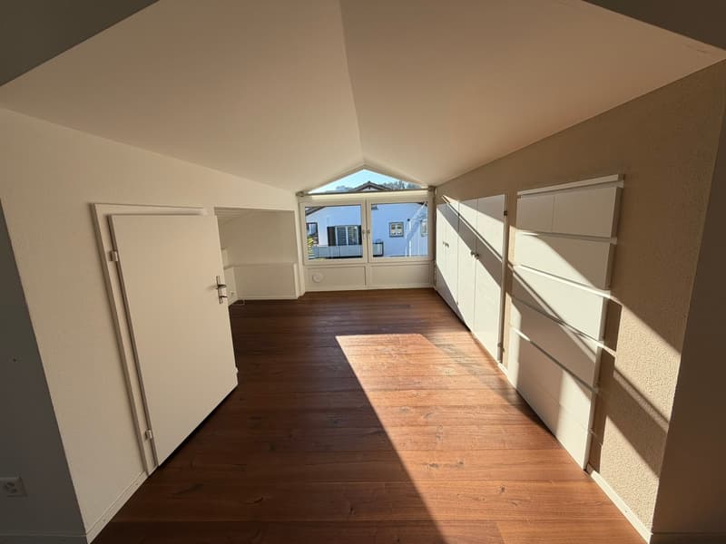 empty room, wooden floor, white walls, glass window, white doors, built-in cabinets