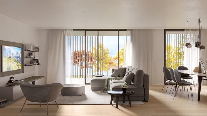 A large glass windows with a view of the outside, L-shaped sofa, TV, rug, chairs, table, round table, side table, dining area