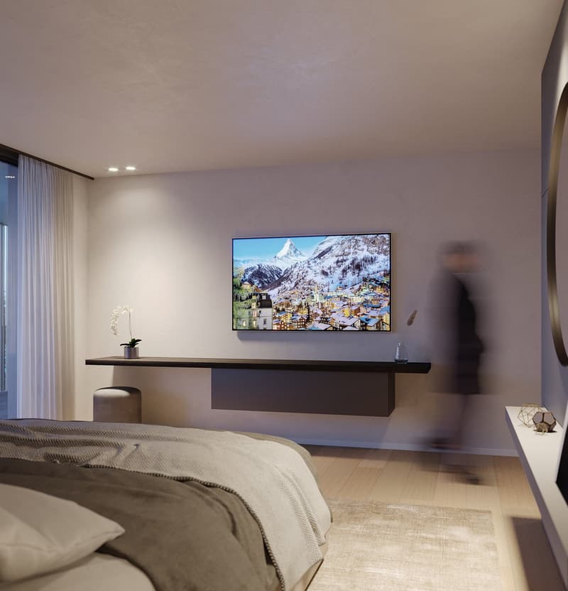 Bedroom with bed, shelves on wall, tv on wall, carpet, pillow, stool, curtains