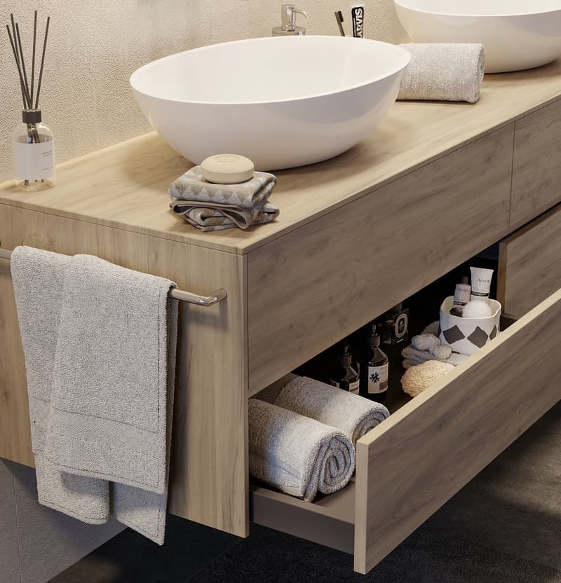 bathroom vanity, double sink, drawers, shelves, towels, soap, storage, wooden surface