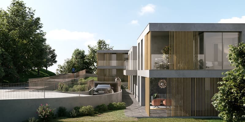 modern style house with large windows, a car parked in a garage, raised ground floor, balconies, and a beautiful view of the surroundings.