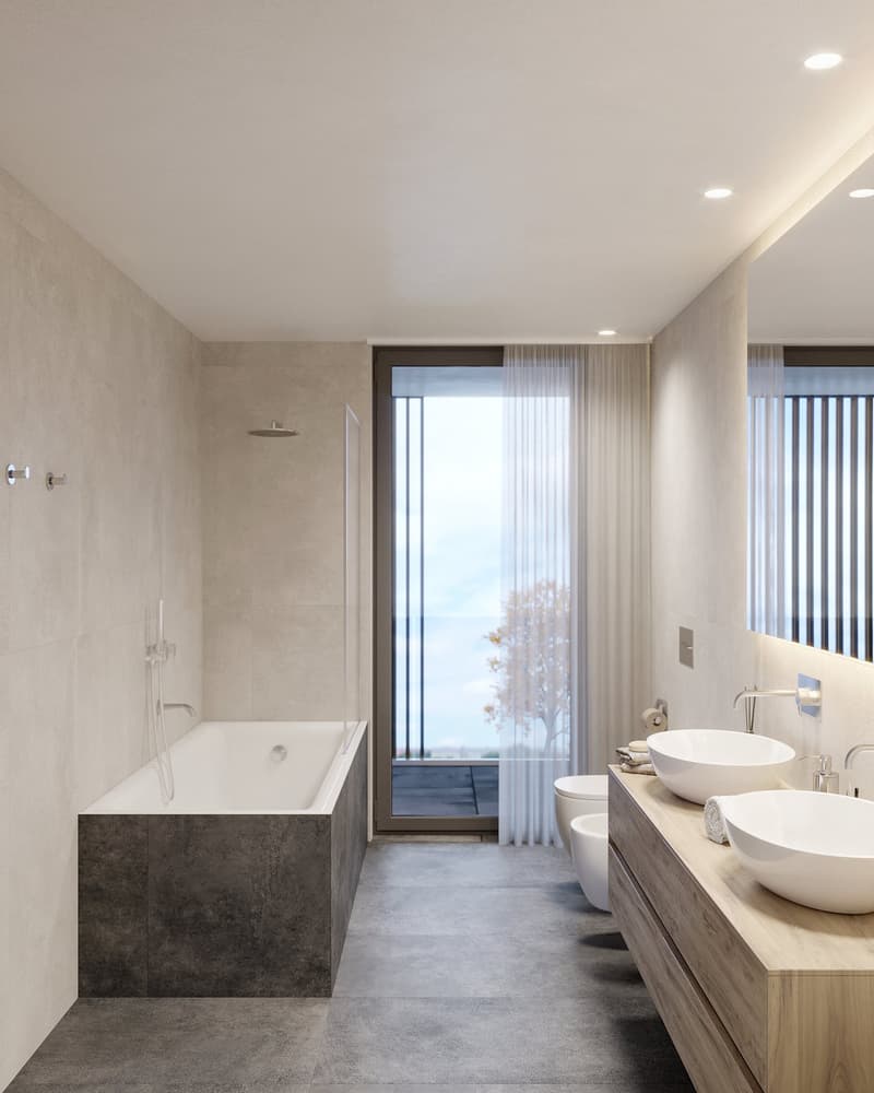 Modern bathroom with walk-in shower, freestanding bathtub, double vanity, two toilets, sliding door with outdoor balcony access, large mirror, panoramic window.
