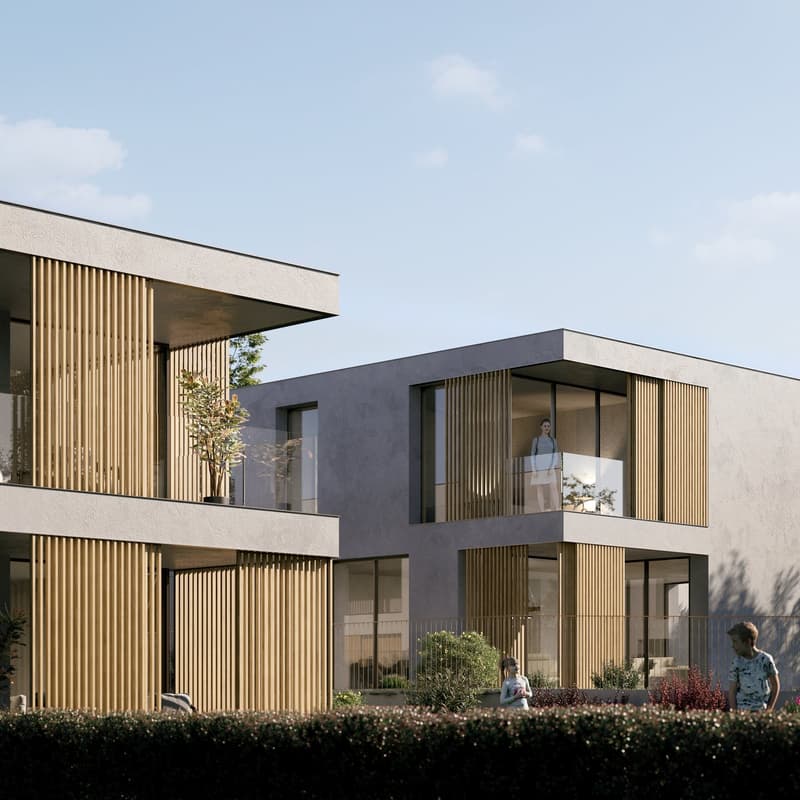 modern architectural design, grey walls, wooden slats, glass windows, balcony, trees, shrubs