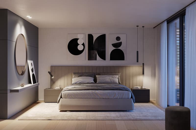 modern bedroom, double bed, bedside tables, built-in wardrobe, mirror, framed wall art, rug