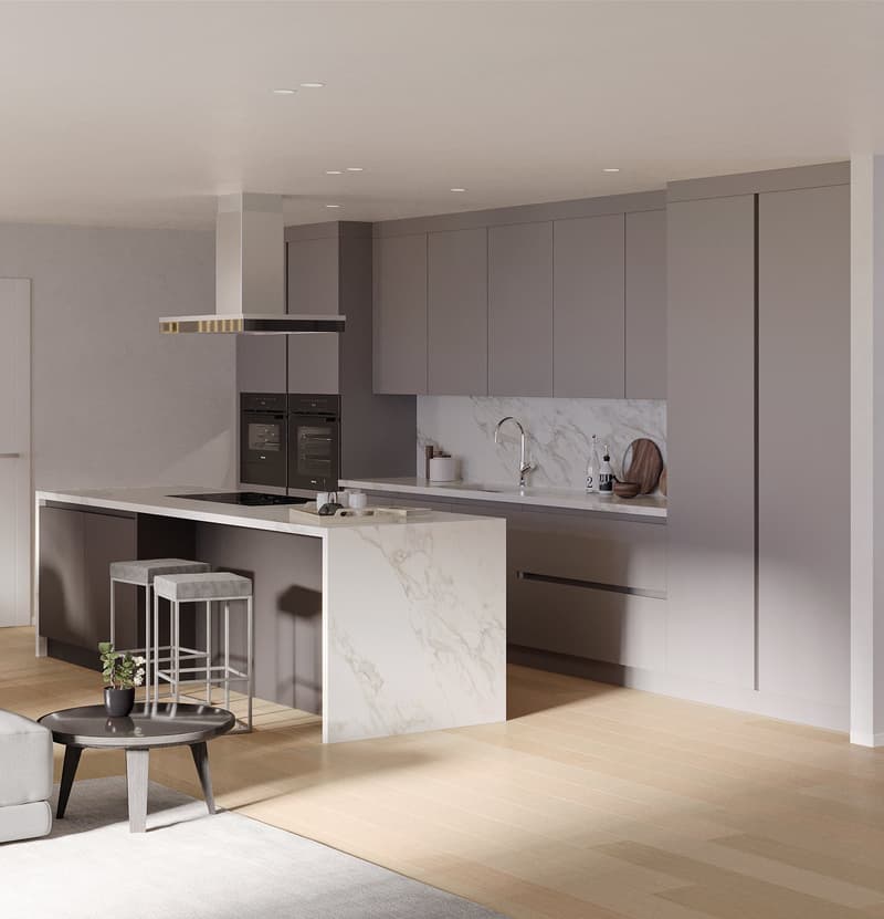 modern design kitchen with island, white marble countertop, grey cabinets, white appliances, black stove and oven, wooden floor